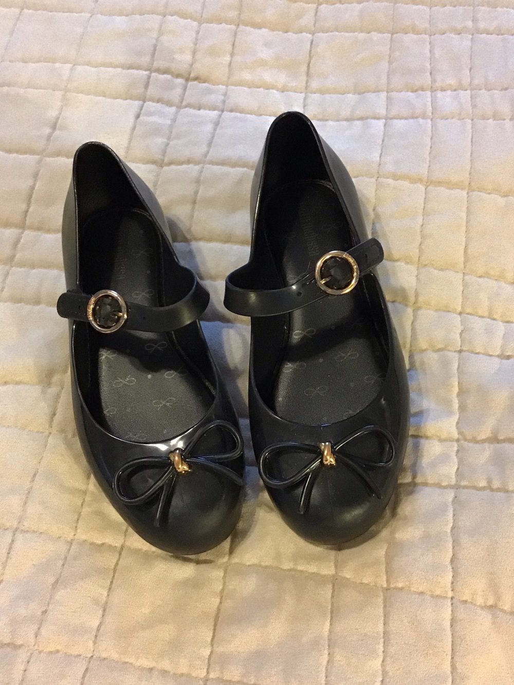 Mini Melissa Black Mary Jane Bow Flats with Gold Buckle